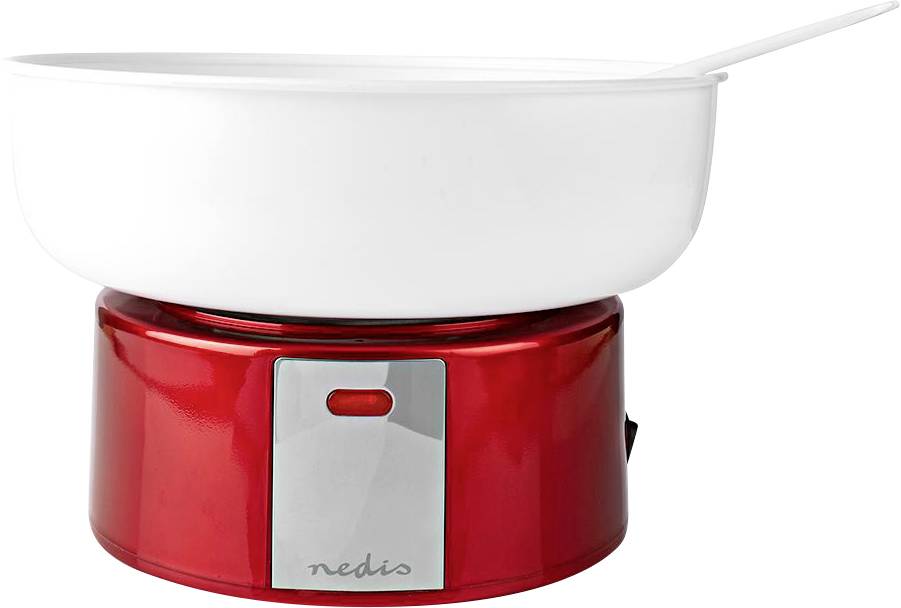 A red kitchen scale with a white bowl and digital display, used for measuring ingredients. Brand name 'nedis' visible on the front.