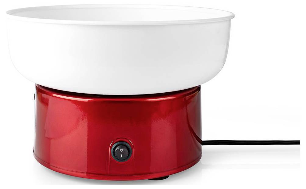 'Red and white cotton candy machine with a power switch and cord.'