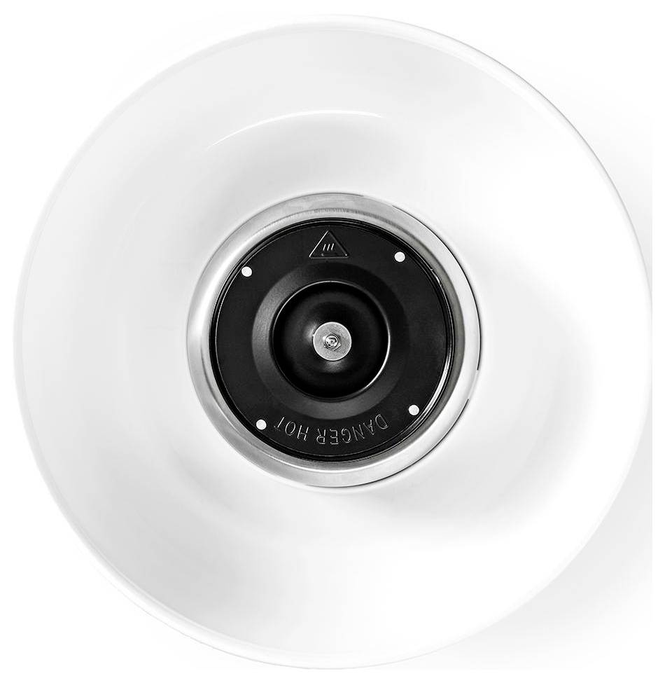 'Overhead view of a black and silver device with a white circular design around it, marked 'DANGER HOT' indicating a potential hazard.'