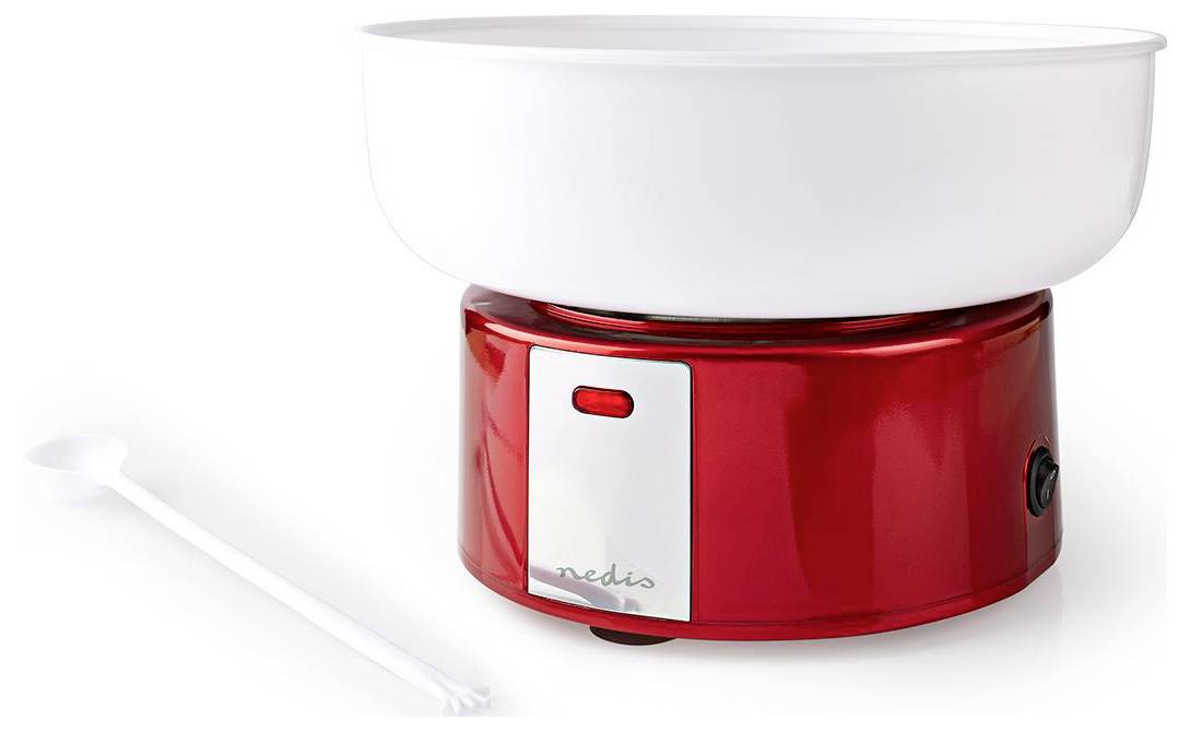 A red and white cotton candy machine with a large bowl and a white spoon on the side, designed for home use.