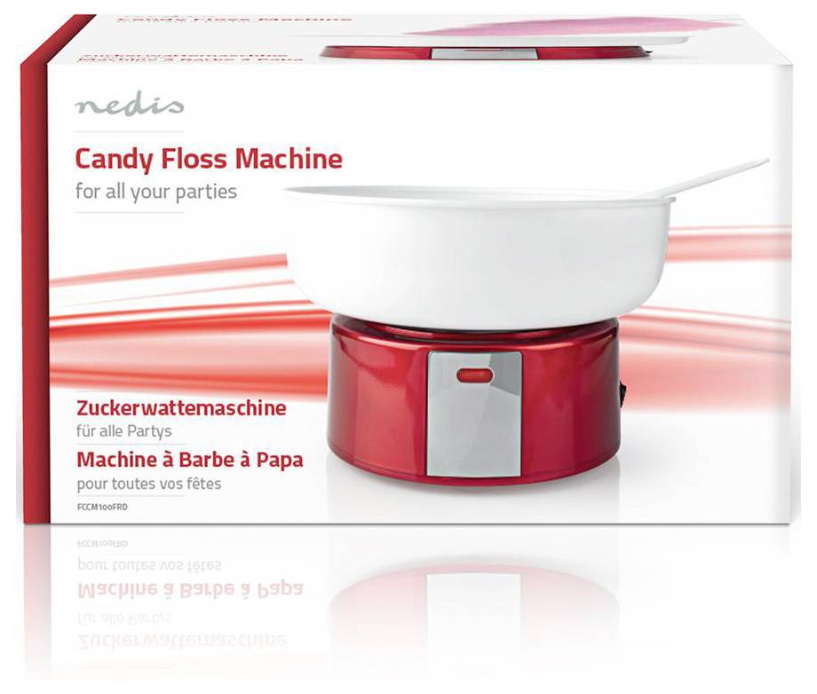 'Candy Floss Machine for all your parties' packaging, featuring a red and white machine for making cotton candy, with multilingual labels.