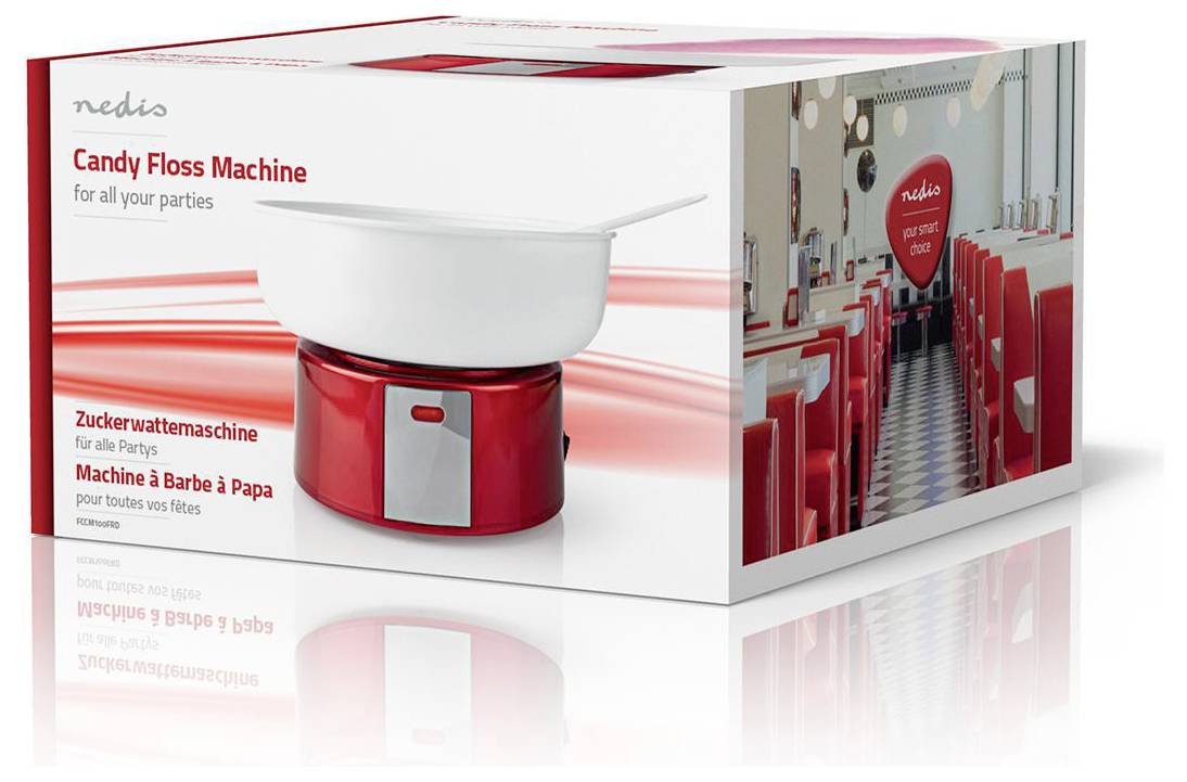 A 'Candy Floss Machine' in packaging, highlighting its use for parties, with product image and multi-language text on display.