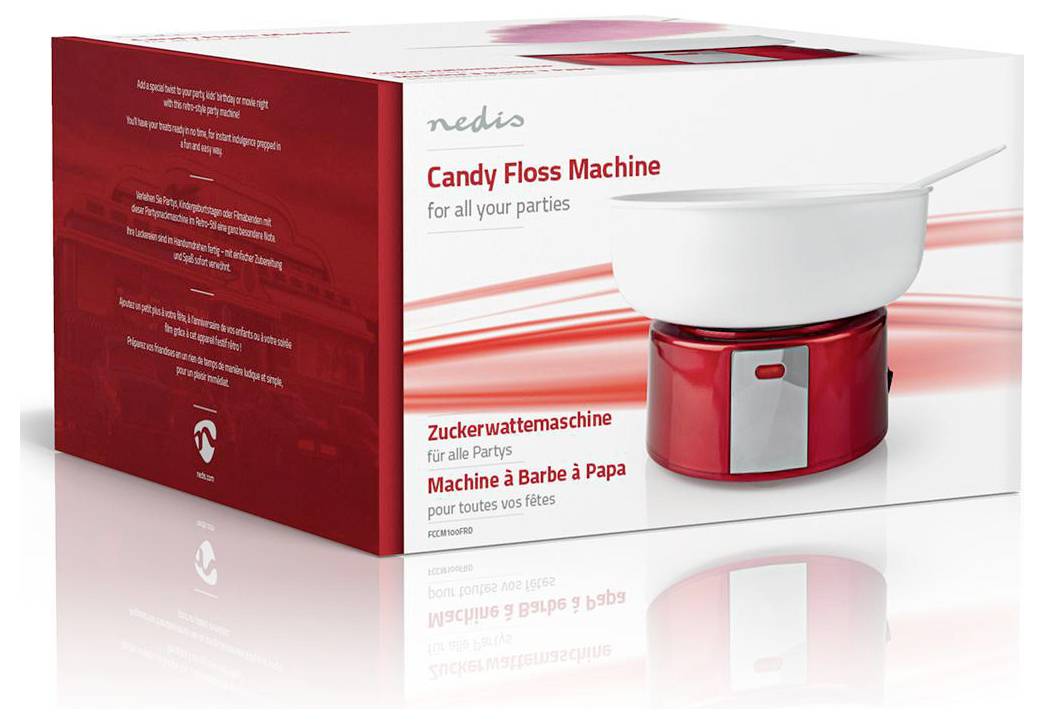Candy floss machine box with red and white design, featuring product image and multilingual text stating 'for all your parties'.