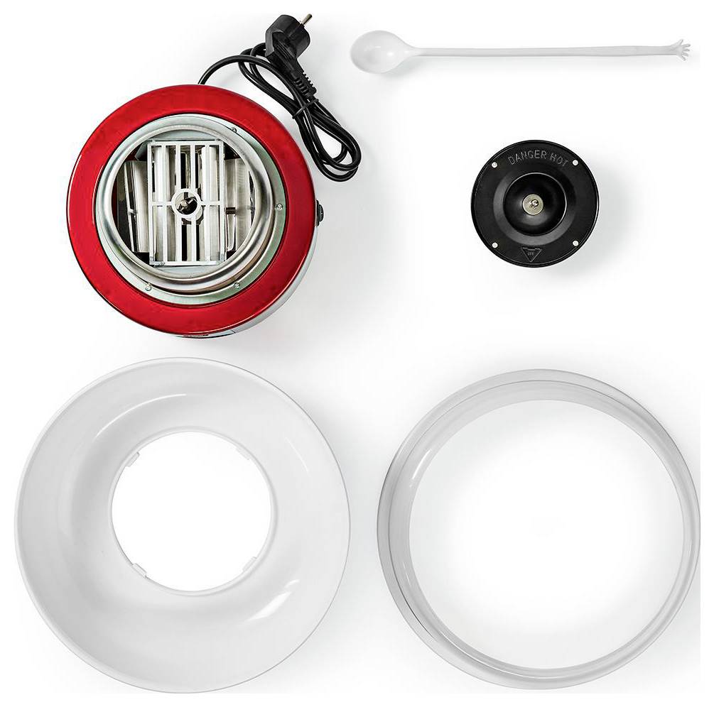 'Parts of a candy floss maker: a red base with cord, a center bowl component marked 'DANGER HOT', a clear bowl, a white ring, and a spoon.'