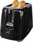 A black toaster with two slices of bread, partially toasted, is visible. It has a dial on the front with numbers for settings.