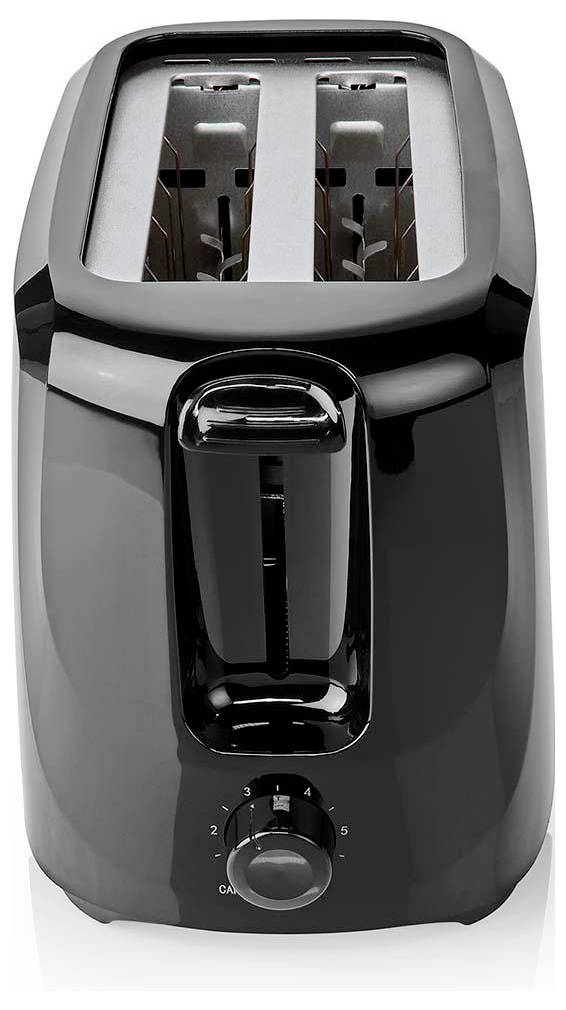A black two-slot toaster with a control dial for adjusting toast settings, shown from a slightly elevated front angle.
