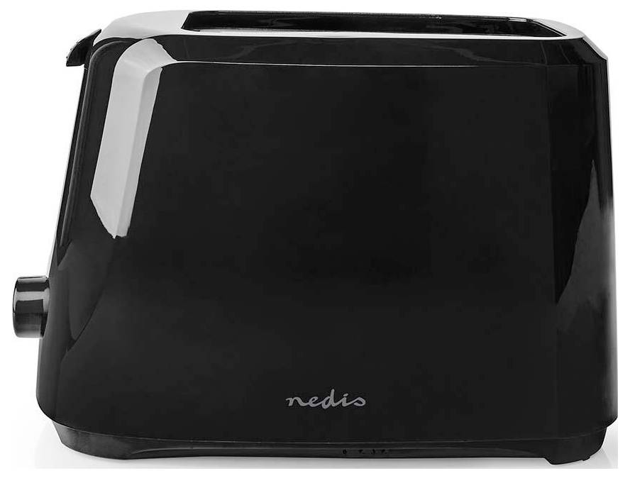 A black toaster with a dial knob on the side, featuring a minimalist design and the brand name 'nedis' on the front.