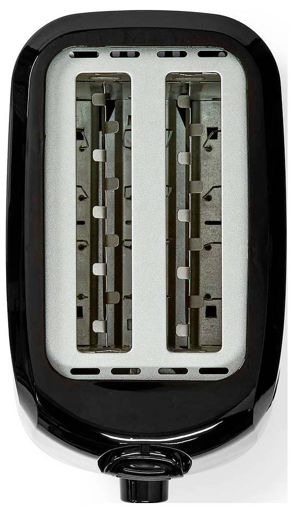 A black, two-slice toaster with a stainless steel insert, viewed from above, showing the slots for bread insertion.