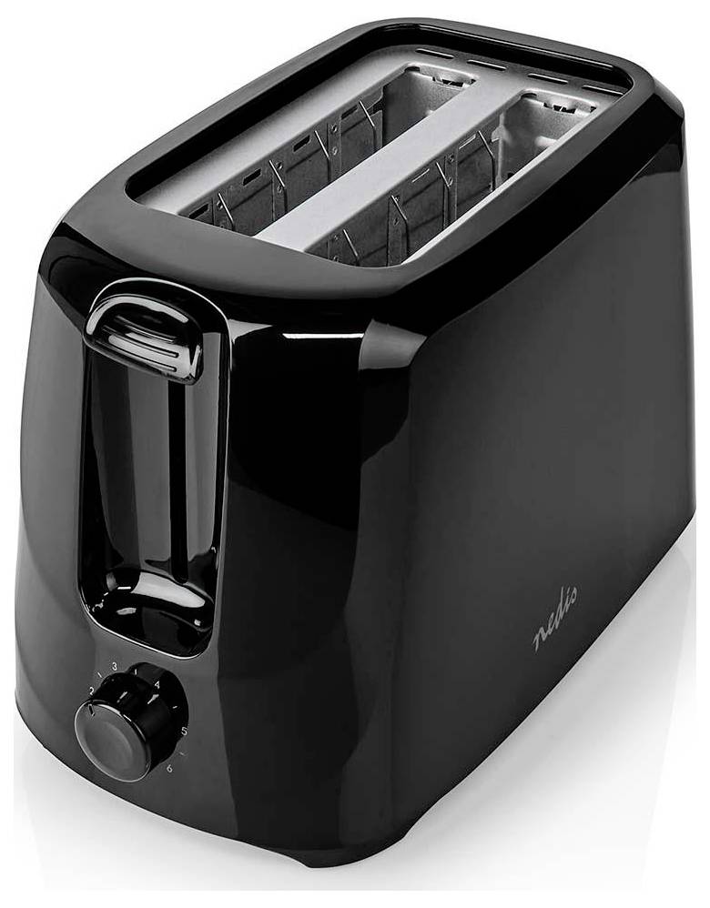 A black two-slot toaster with a dial for adjusting browning level, shown in a side perspective.