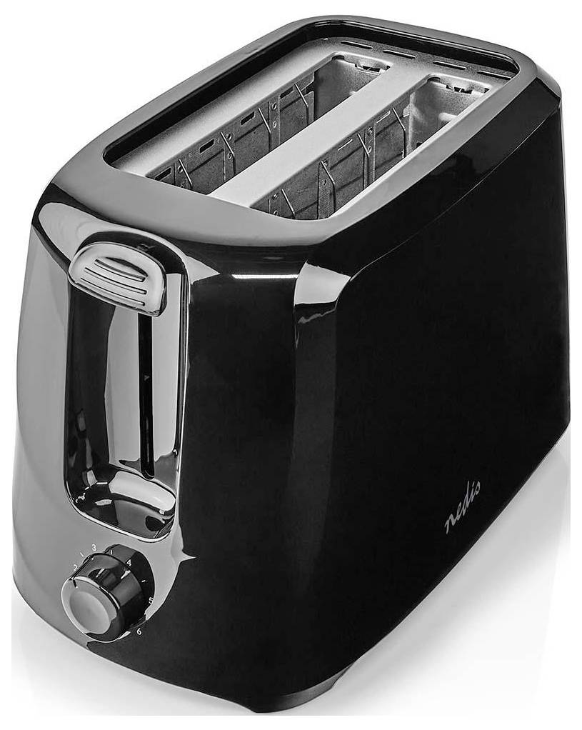 A black two-slice toaster with a dial and lever, reflecting light on its shiny surface.