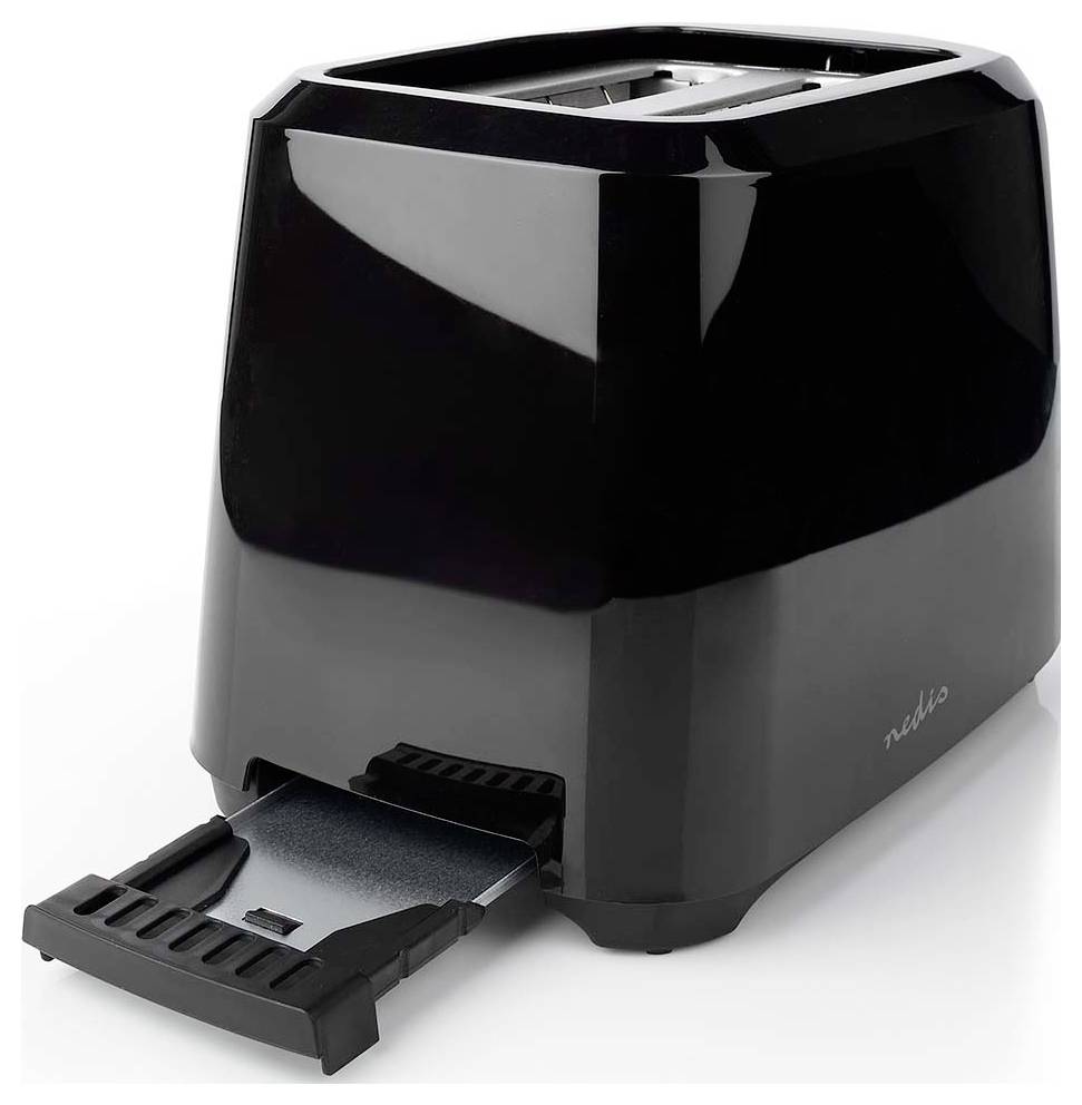 A sleek black two-slot toaster with a removable crumb tray partially pulled out, designed for contemporary kitchen settings.