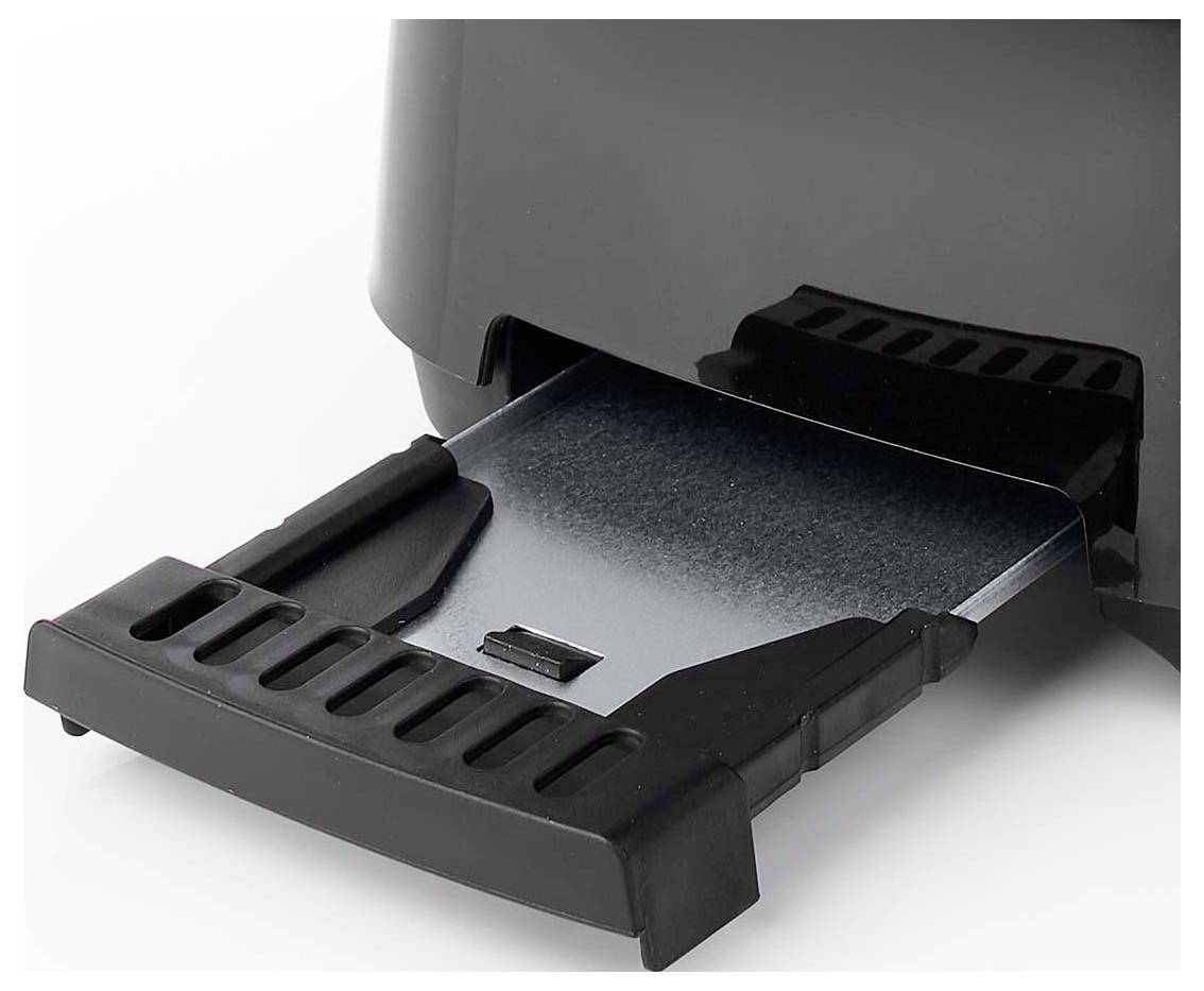 A close-up image of a black toaster with its crumb tray partially pulled out, showing a silver metallic tray for easy cleaning.