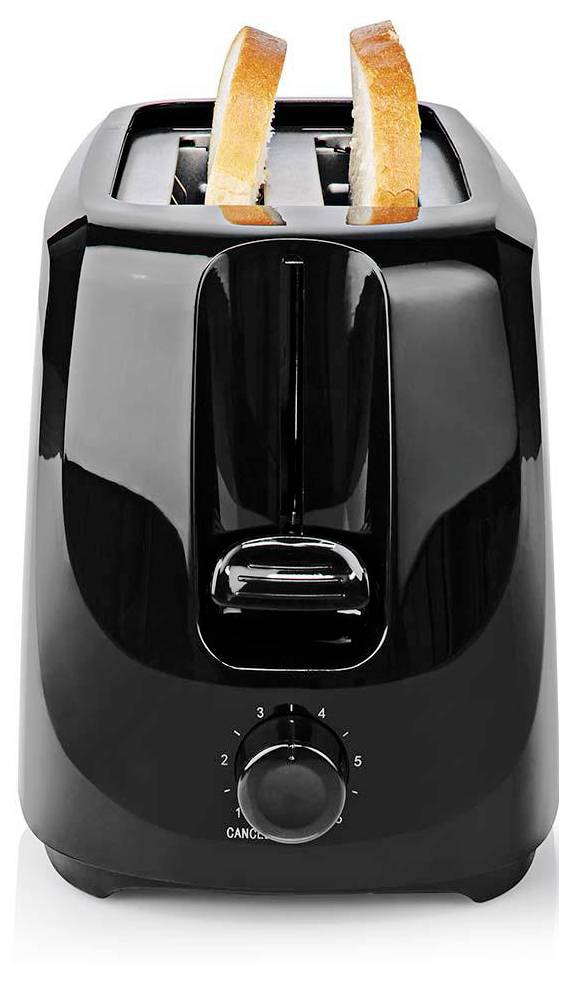 A black toaster with two slices of bread partly toasted and visible control dial on the front.
