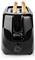 A black toaster with two slices of bread partly toasted and visible control dial on the front.