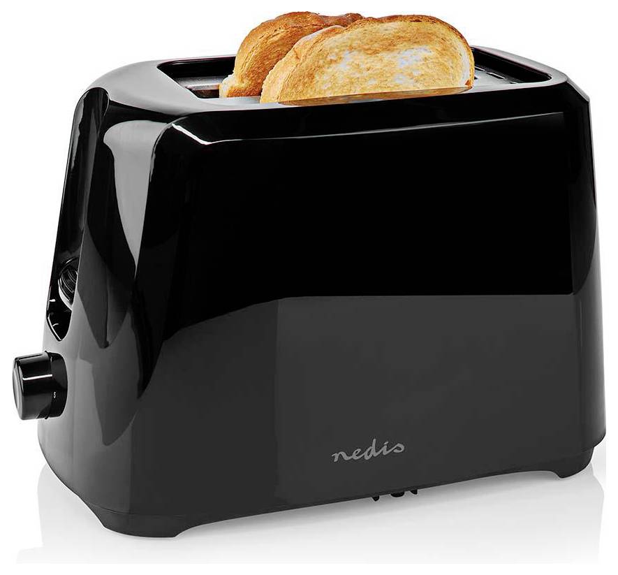 A black toaster with two slices of toasted bread emerging from the top.