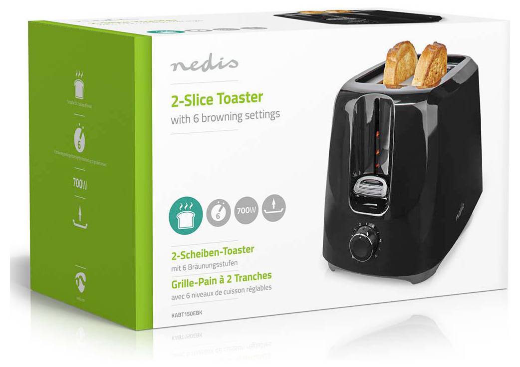 Box of a 'nedis 2-Slice Toaster' with 6 browning settings. Black toaster image, bread slices visible. Text includes three languages.