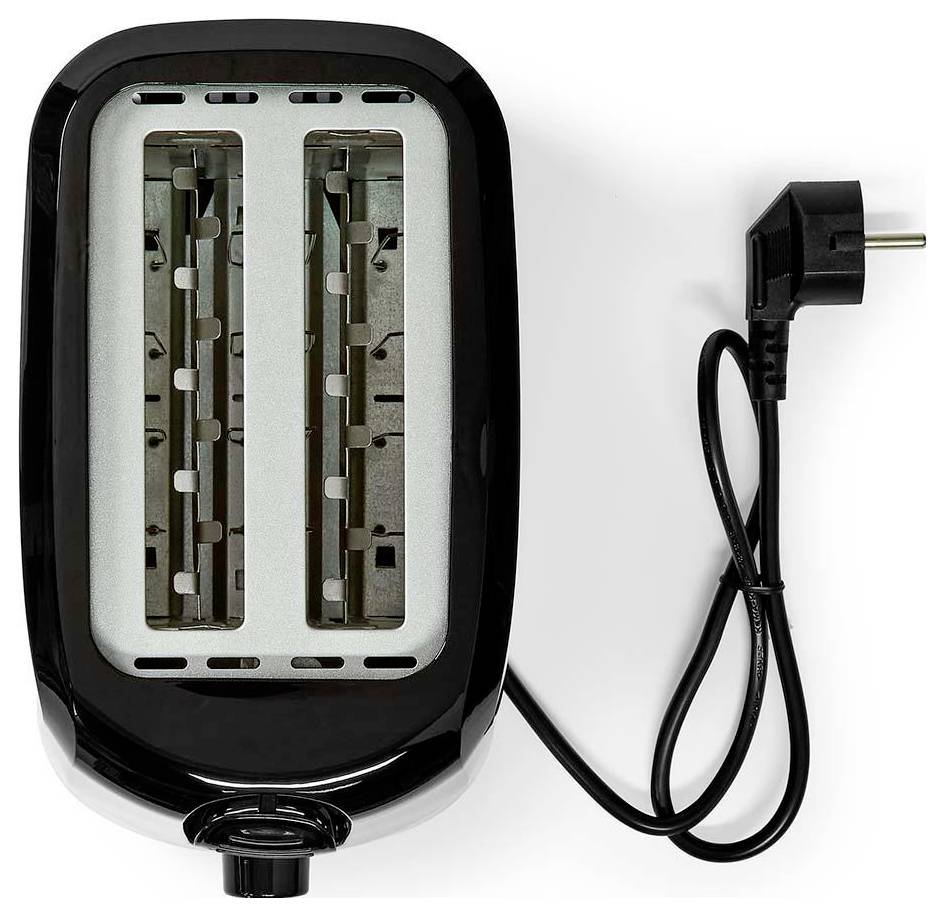 A black two-slot toaster viewed from above, with an attached power cord extended to the right.