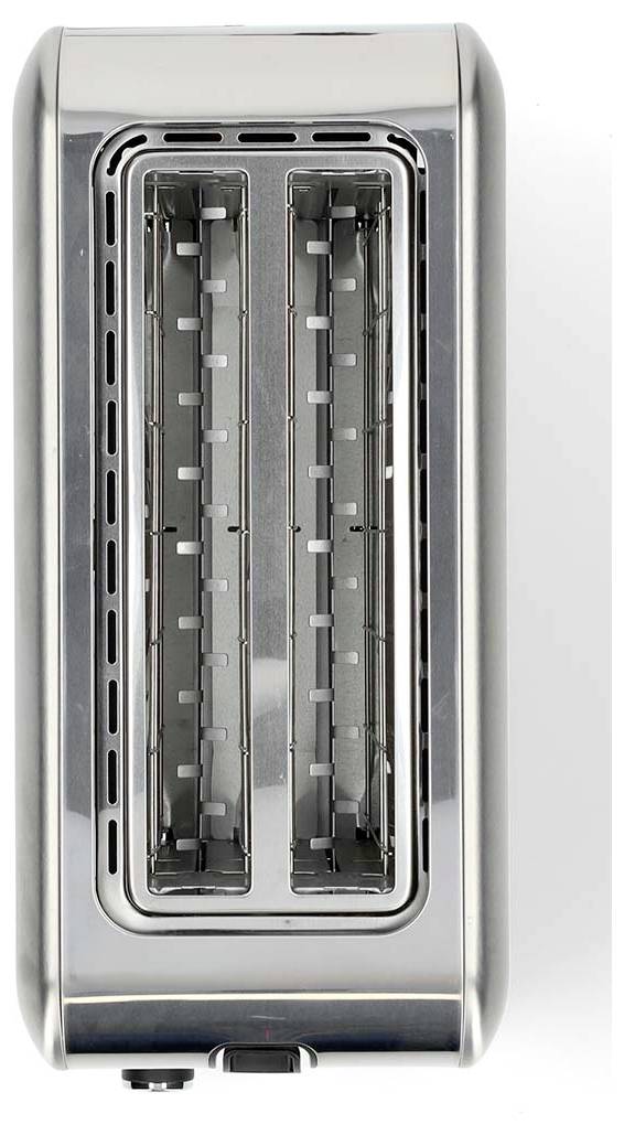 A silver toaster with two slots for bread, viewed from above, featuring a black control knob at the bottom.