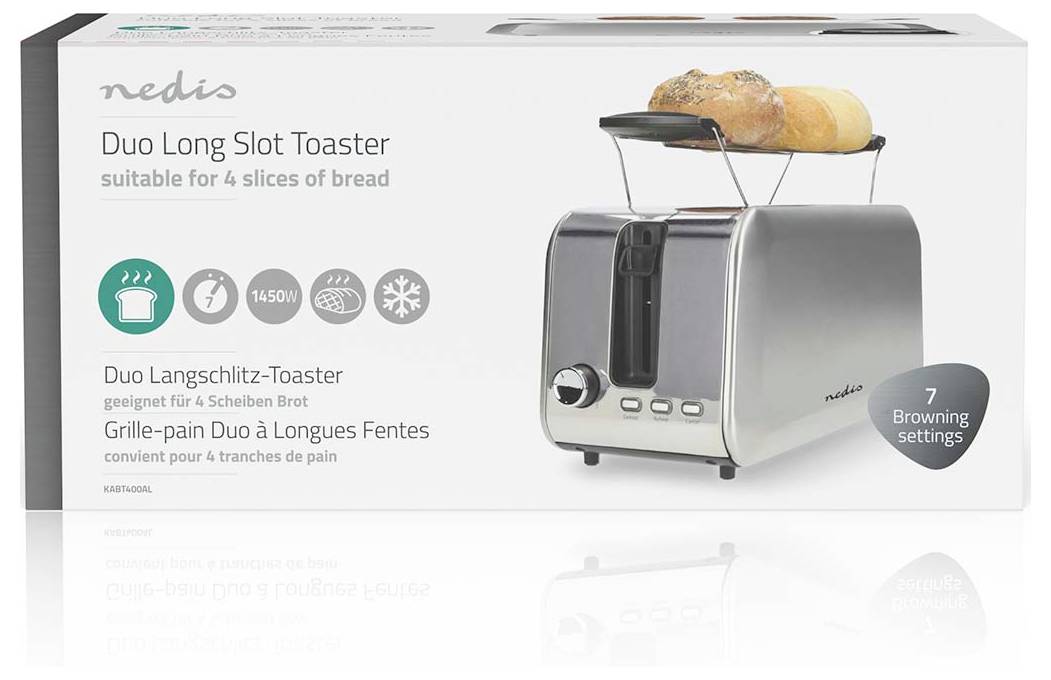 A silver, long slot toaster on display with two slices of bread. The packaging highlights features: 1450W, suitable for 4 slices, 7 browning settings.