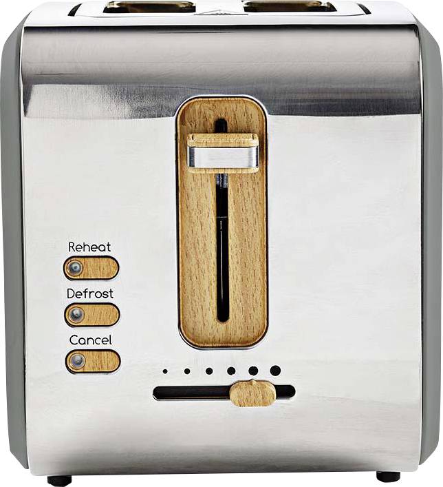 A stainless steel toaster with two slots, wooden accents, and buttons labeled 'Reheat', 'Defrost', and 'Cancel'. Toast level dial below.