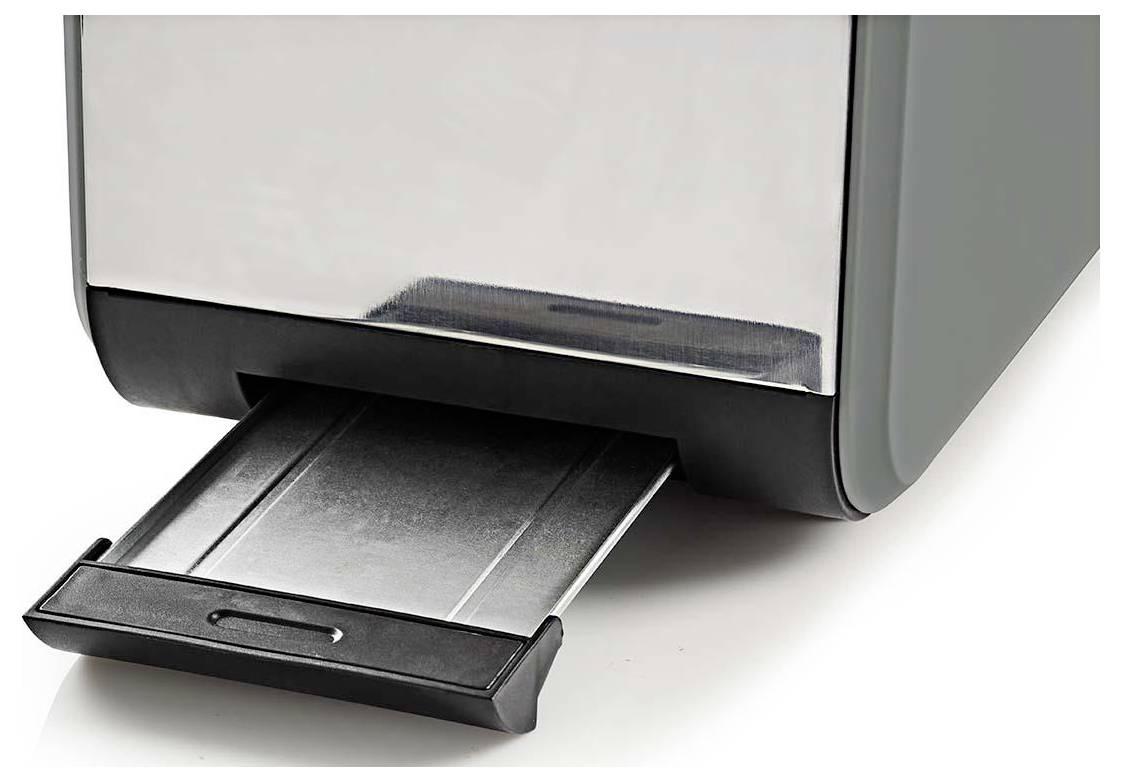 A metal tray partially extended from a compact, modern kitchen appliance, likely a toaster or similar device, against a plain background.