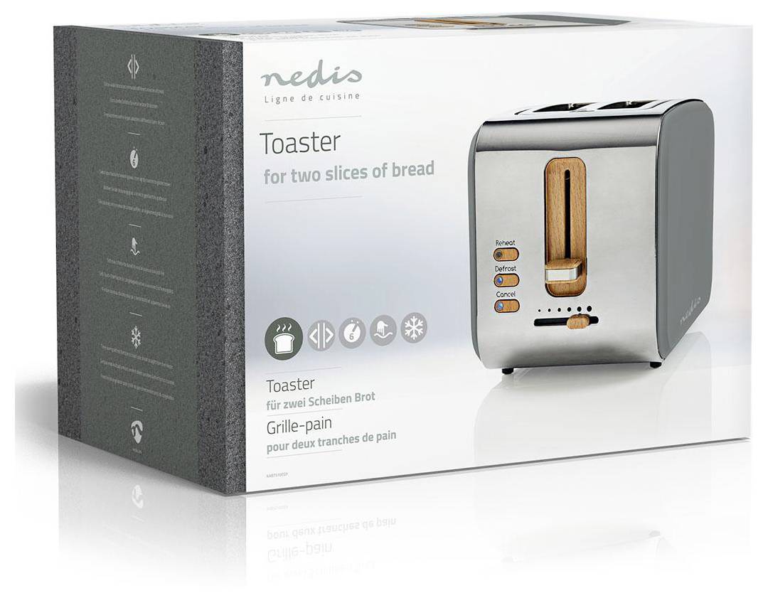 A toaster box displaying a compact, modern two-slice toaster with settings for bread, bagel, and defrost, plus a cancel button.