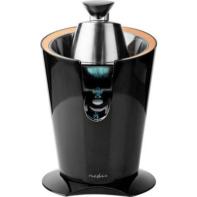 A sleek black and chrome juicer with a spout and cone press on top, designed for citrus fruit extraction.