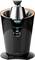 A sleek black and chrome juicer with a spout and cone press on top, designed for citrus fruit extraction.