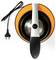 Top view of an electric citrus juicer with an orange and black base, a silver handle, and a plug attached, displaying its compact design.