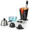 Electric citrus juicer set with various detachable parts, including a black and orange base, a glass container, and three different reamer sizes for extracting juice.