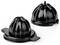 Two black juicer press attachments with ribbed, pointed domes, one with side handles and one with a narrow peak, suitable for citrus fruits.