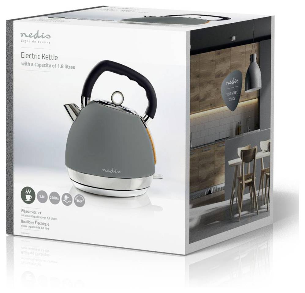 'Grey electric kettle with a 1.8-liter capacity, featuring water level indicator and 360-degree rotation. Box includes a kitchen image.'
