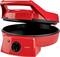 A red electric pizza maker with an open lid, showing a non-stick cooking surface inside. The control knob is set to zero.