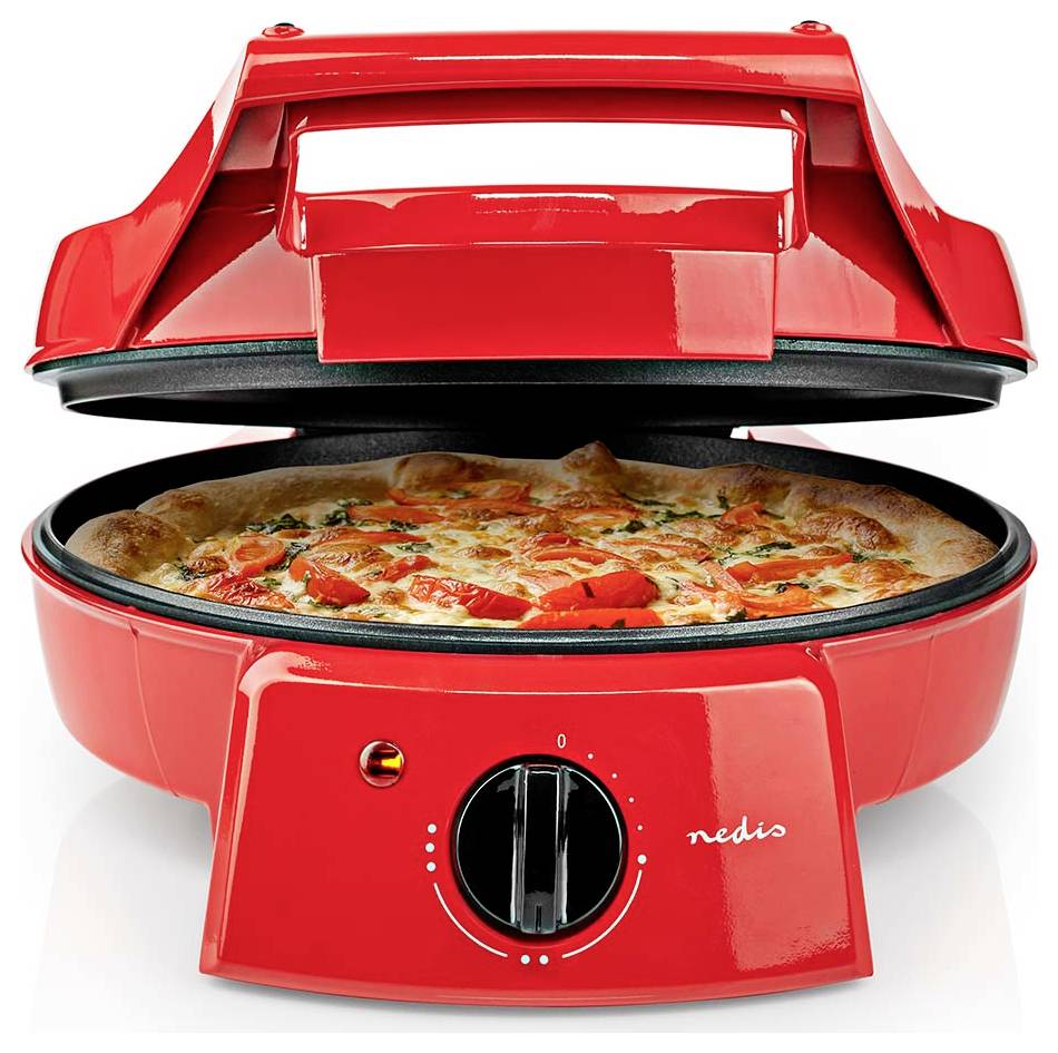 A red pizza maker with an open lid reveals a freshly baked pizza topped with tomatoes and herbs. The appliance features a temperature dial.