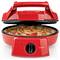A red pizza maker with an open lid reveals a freshly baked pizza topped with tomatoes and herbs. The appliance features a temperature dial.