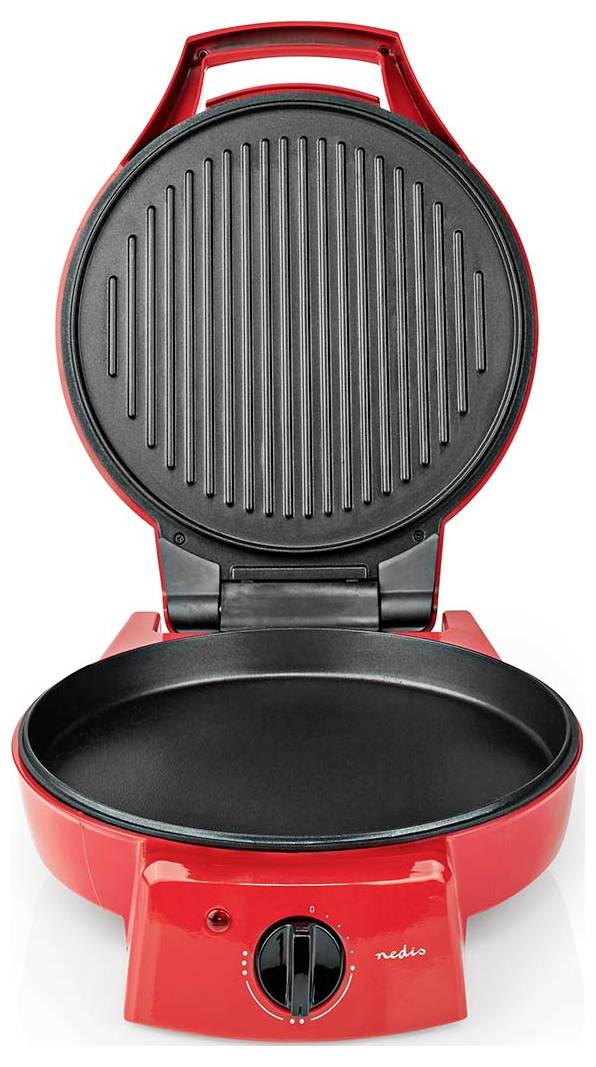 A red electric grill with an open lid, revealing a ribbed cooking surface, and a temperature control knob at the base.