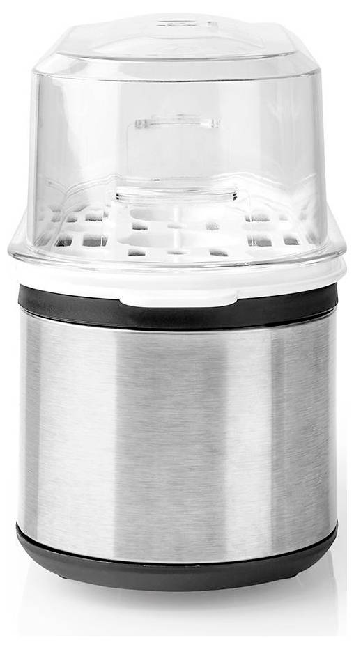 A stainless steel electric coffee grinder with a transparent lid and black accent details, designed for home kitchen use.