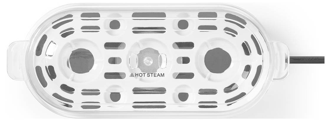 'Hot Steam' label on circular, vented device with cable, possibly an appliance component.
