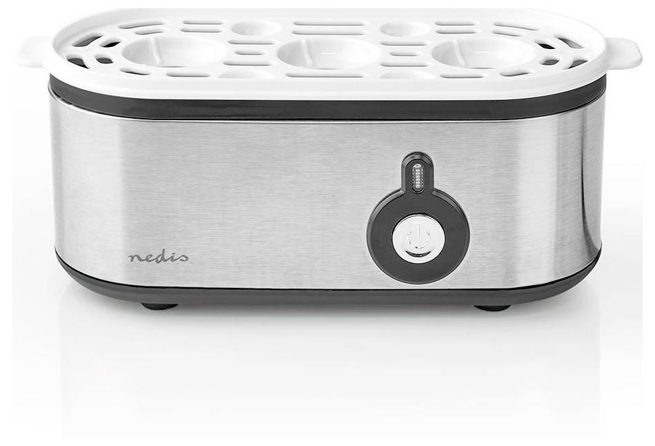 'Egg boiler with stainless steel body, plastic egg holder for six eggs, and a power button on the front.'