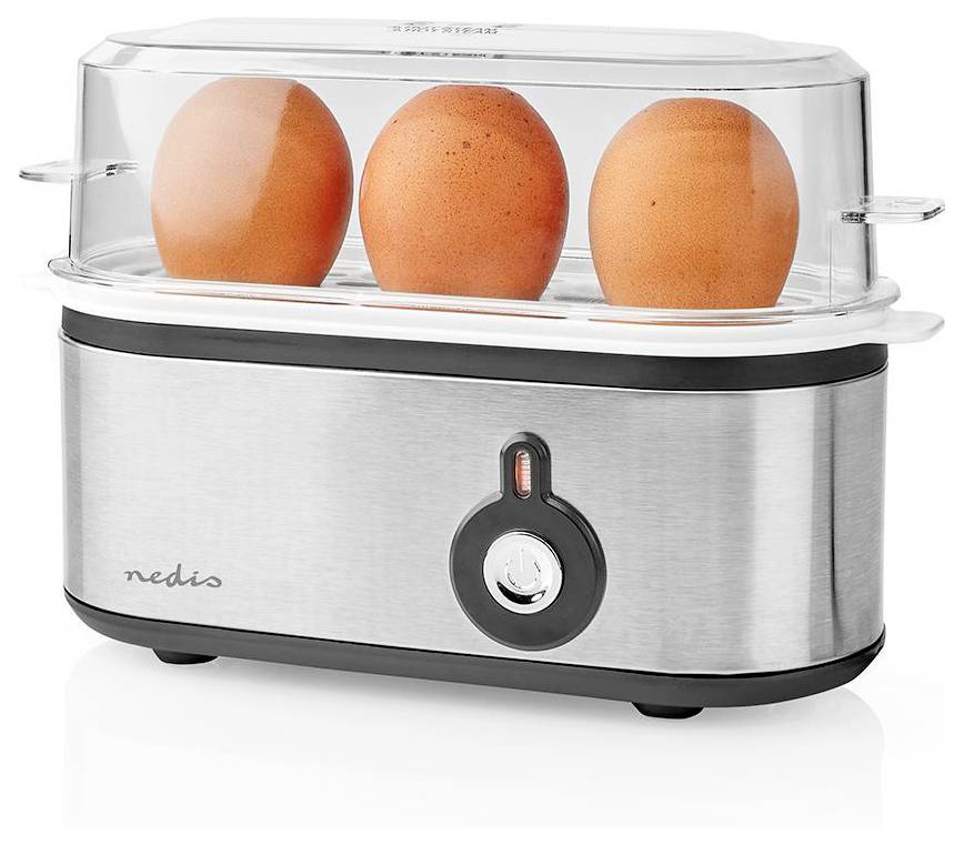 A stainless steel egg cooker with three brown eggs inside, covered by a clear plastic dome, on a white background.