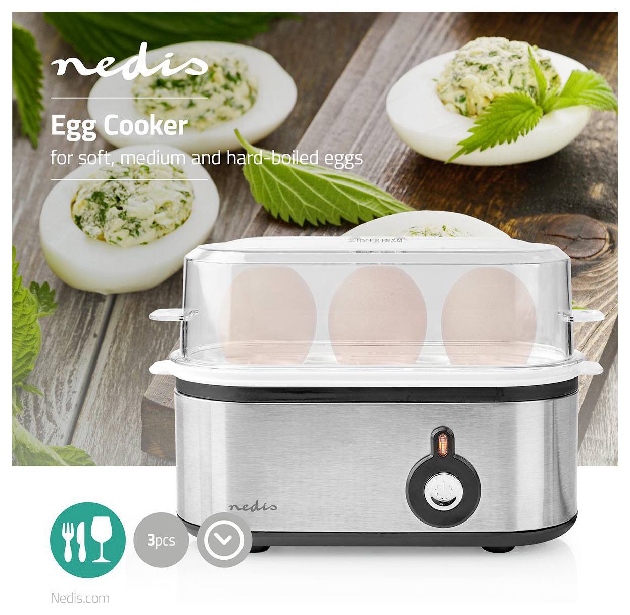 'Nedis Egg Cooker' in front; cooks soft, medium, hard-boiled eggs; three eggs visible; cut boiled eggs with herb garnish in background.
