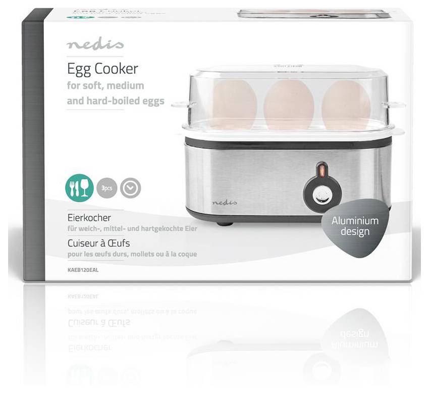 'Egg Cooker by Nedis in box. Features: soft, medium, and hard-boiled eggs. Stainless steel with aluminum design.'