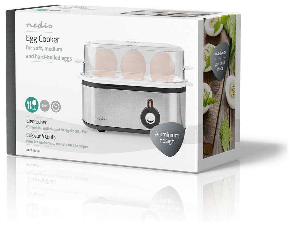 'Egg Cooker' packaging showing a stainless steel egg cooker with transparent lid, holding six eggs. Features include soft, medium, hard-boiling settings.
