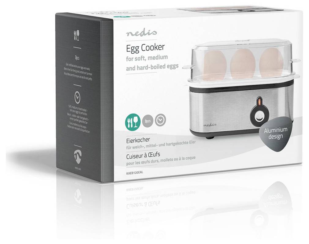 'Egg cooker for soft, medium, and hard-boiled eggs, featuring a stainless steel design with a clear lid, displayed on product packaging.'