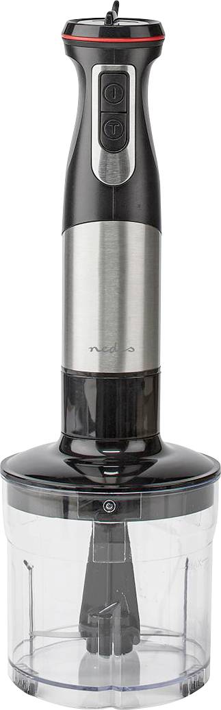 A black and silver hand blender with a transparent blending attachment. The handle features two buttons for speed control.