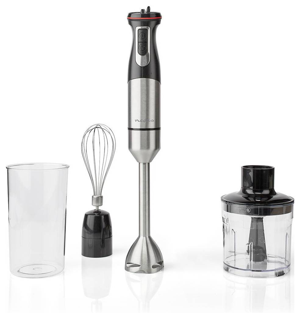 A stainless steel hand blender set including a blending wand, whisk attachment, plastic container, and chopper bowl, displayed on a white background.