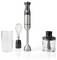A stainless steel hand blender set including a blending wand, whisk attachment, plastic container, and chopper bowl, displayed on a white background.