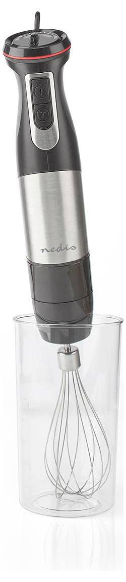 A hand blender in stainless steel and black, with a whisk attachment, inserted into a clear container.