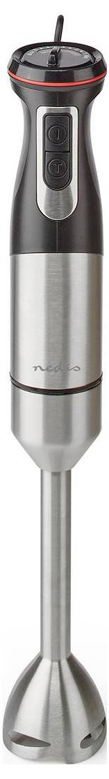 'Stainless steel hand blender with black accents and control buttons, featuring a sleek design for blending food.'