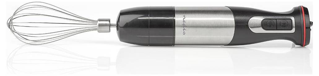 'Handheld electric whisk with a stainless steel and black design lying on a reflective surface, featuring buttons on the handle.'